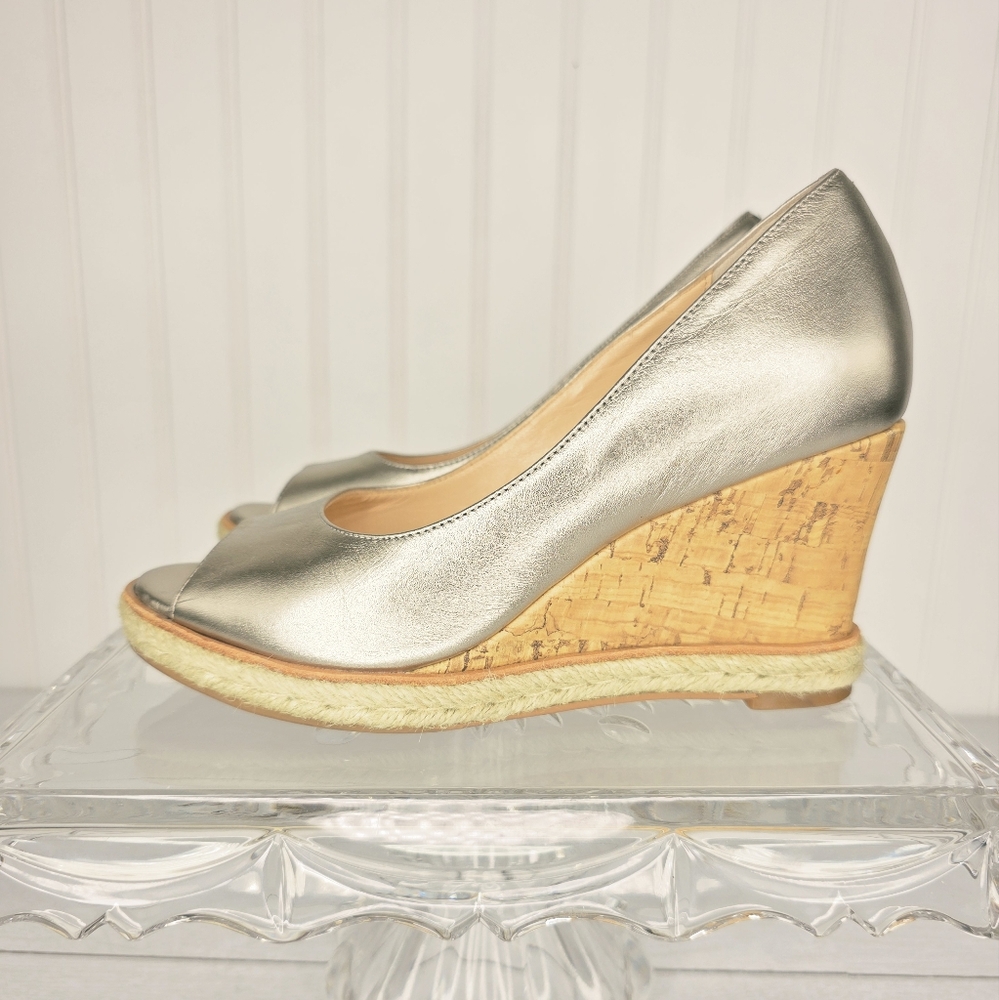 Cole Haan Air Jocelyn OT Wedge Gold Leather & Cork Peep Toe Wedge Heel Size 5.5B - Picture 2 of 8